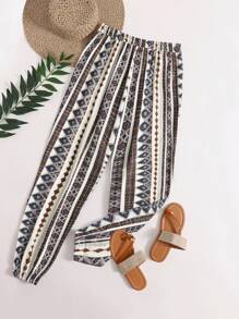 SHEIN LUNE 大碼幾何印花腰部抽繩長褲 - 彩色 - 查看 2