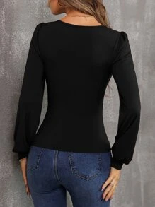 Lantern Sleeve Plunging Neck Tee - Black - View 2