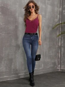 Áo hai dây Tương phản Mesh màu trơn Giải trí - Màu đỏ tím - Xem 4