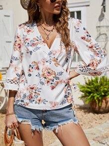 Áo sơ mi nữ Thắt nút Trọn gói Hoa Giải trí - trắng - Xem 1