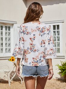 Áo sơ mi nữ Thắt nút Trọn gói Hoa Giải trí - trắng - Xem 2