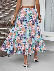 Falda con estampado tropical bajo con fruncido - Multicolor - Ver 2