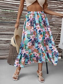 Falda con estampado tropical bajo con fruncido - Multicolor - Ver 3