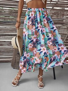 Falda con estampado tropical bajo con fruncido - Multicolor - Ver 4