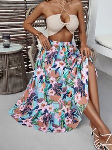 Falda con estampado tropical bajo con fruncido - Multicolor - Ver 5