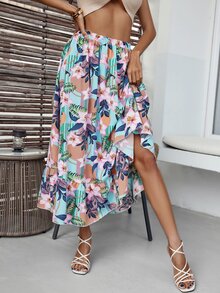 Falda con estampado tropical bajo con fruncido - Multicolor - Ver 6