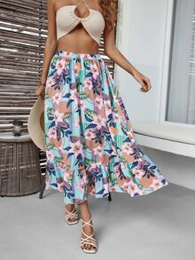 Falda con estampado tropical bajo con fruncido - Multicolor - Ver 7