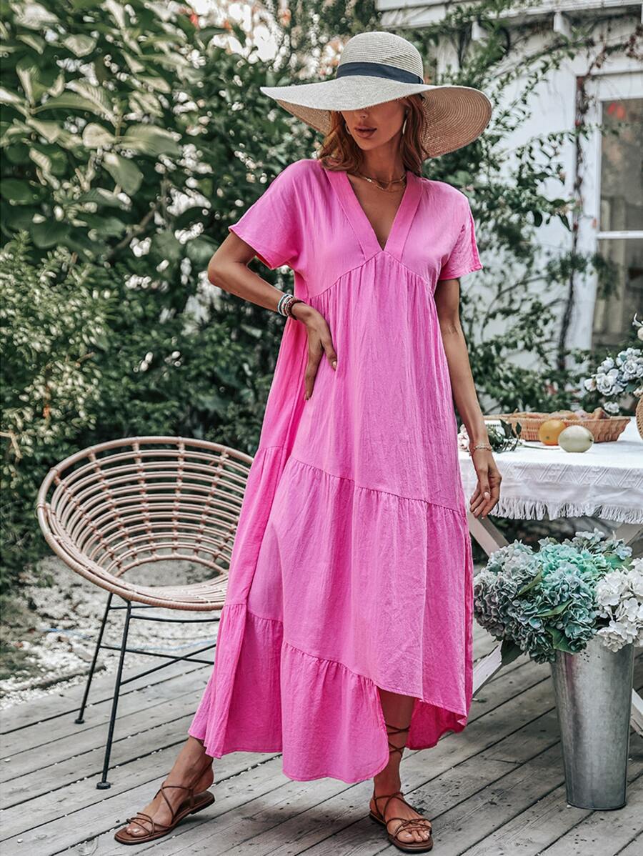 SHEIN Clasi Vestido smock de manga murciélago fruncido bajo asimétrico - Rosa Fucsia - Ver 1