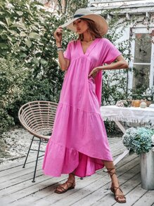 SHEIN Clasi Vestido smock de manga murciélago fruncido bajo asimétrico - Rosa Fucsia - Ver 3