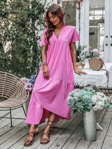 SHEIN Clasi Vestido smock de manga murciélago fruncido bajo asimétrico - Rosa Fucsia - Ver 4
