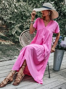 SHEIN Clasi Vestido smock de manga murciélago fruncido bajo asimétrico - Rosa Fucsia - Ver 5