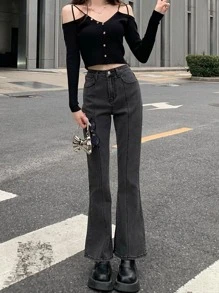 纯色高腰喇叭牛仔裤，休闲黑色，春季款 - 黑色 - 查看 3