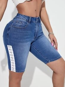 SHEIN SXY Hook And Eye Side Denim Shorts - Medium Wash - View 4