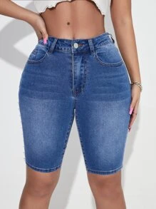 SHEIN SXY Hook And Eye Side Denim Shorts - Medium Wash - View 2