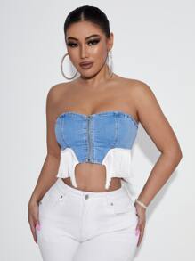 SHEIN SXY 拉鏈開襟流蘇下擺短款牛仔抹胸上衣 - 淺色水洗藍 - 查看 3