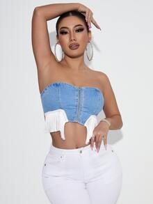 SHEIN SXY 拉鏈開襟流蘇下擺短款牛仔抹胸上衣 - 淺色水洗藍 - 查看 4