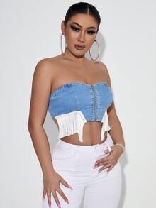 SHEIN SXY 拉鏈開襟流蘇下擺短款牛仔抹胸上衣 - 淺色水洗藍 - 查看 5