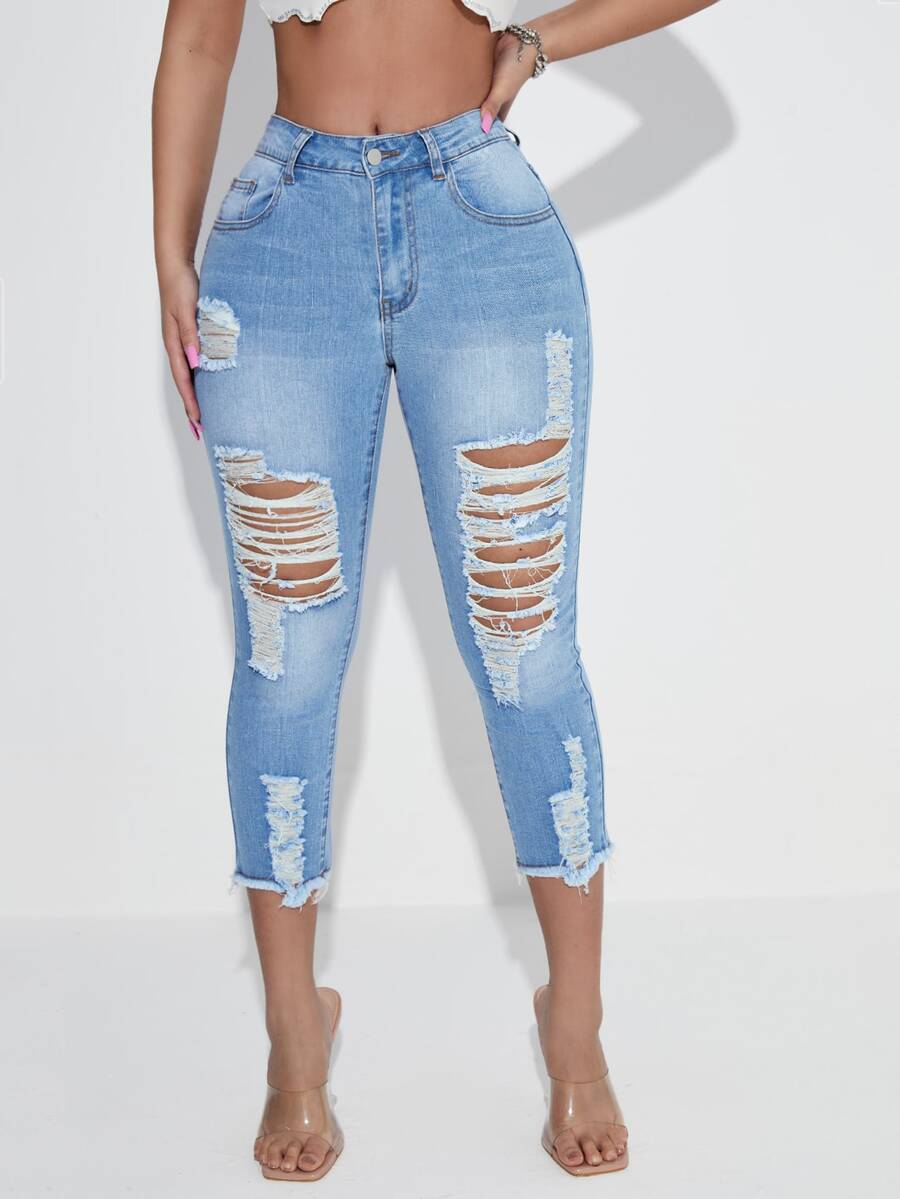 SHEIN SXY Quần jean nữ Nút Túi Hem thô Bị tách Dây kéo màu trơn - Rửa nhẹ - Xem 1