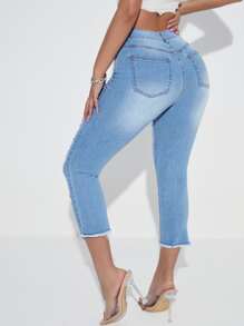 SHEIN SXY Quần jean nữ Nút Túi Hem thô Bị tách Dây kéo màu trơn - Rửa nhẹ - Xem 2