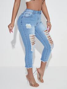 SHEIN SXY Quần jean nữ Nút Túi Hem thô Bị tách Dây kéo màu trơn - Rửa nhẹ - Xem 4