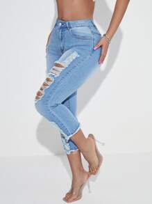 SHEIN SXY Quần jean nữ Nút Túi Hem thô Bị tách Dây kéo màu trơn - Rửa nhẹ - Xem 5