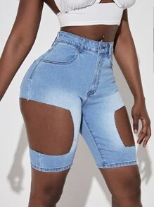 SHEIN SXY 鏤空牛仔短褲 - 淺色水洗藍 - 查看 1