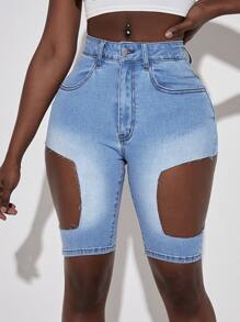 SHEIN SXY 鏤空牛仔短褲 - 淺色水洗藍 - 查看 5