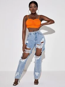 SHEIN SXY Quần jean nữ Nút Túi Bị tách Dây kéo màu trơn - Rửa nhẹ - Xem 4