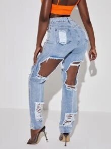 SHEIN SXY Quần jean nữ Nút Túi Bị tách Dây kéo màu trơn - Rửa nhẹ - Xem 2