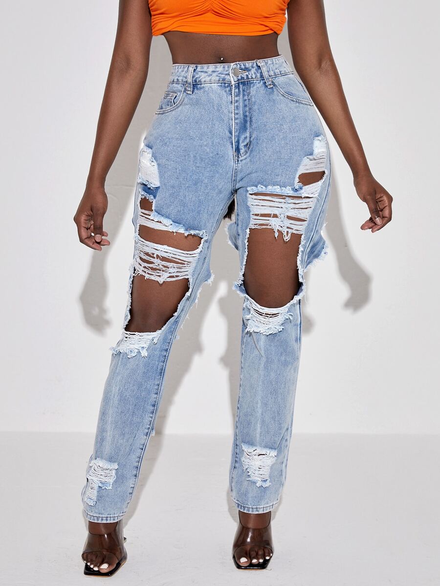 SHEIN SXY Quần jean nữ Nút Túi Bị tách Dây kéo màu trơn - Rửa nhẹ - Xem 1