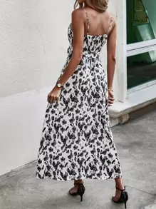 SHEIN LUNE All Over Print Wrap Hem Belted Cami Dress - Black and White - View 2