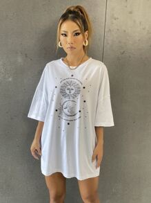 SHEIN Unity Camiseta de hombros caídos con estampado de slogan y sol - Blanco - Ver 1