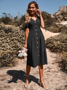 Breezaya Tie Cuff Button Front Dress - Black - View 3