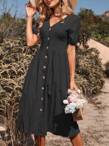 Breezaya Tie Cuff Button Front Dress - Black - View 4