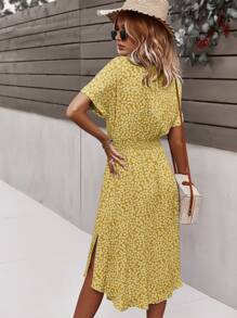 SHEIN VCAY Ditsy Floral Tie Front Button Through Dress - Yellow - View 2