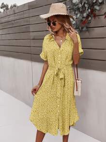 SHEIN VCAY Ditsy Floral Tie Front Button Through Dress - Yellow - View 3