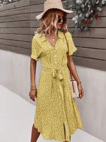 SHEIN VCAY Ditsy Floral Tie Front Button Through Dress - Yellow - View 4