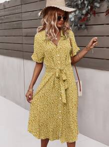 SHEIN VCAY Ditsy Floral Tie Front Button Through Dress - Yellow - View 5