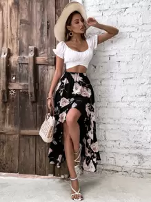 Breezaya 印花前短後長半身裙 - 黑色 - 查看 3