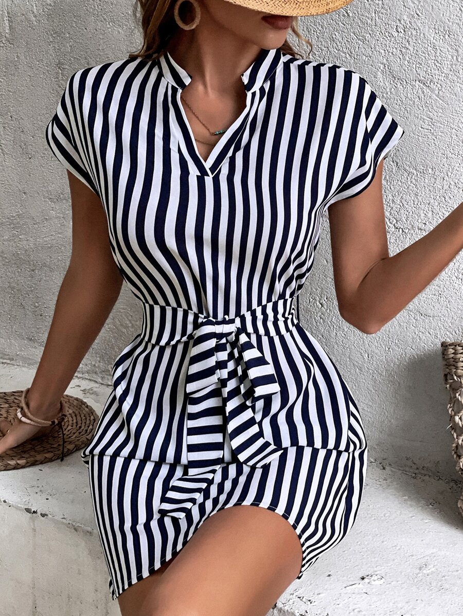 SHEIN Clasi Vertical Striped Notched Neck Batwing Sleeve Belted Dress - Blue and White - View 1