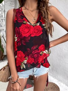 印花高低下擺雪紡襯衫 - 彩色 - 查看 1