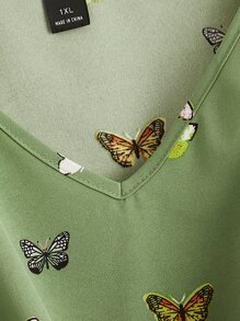 SHEIN VCAY Plus Size Boho Butterfly Print Knot Front Cami Top, For Summer - Green - View 3