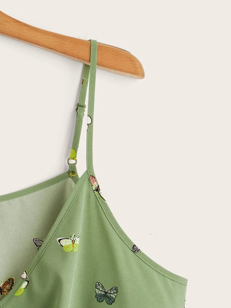 Plus Size Boho Butterfly Print Knot Front Cami Top, For Summer