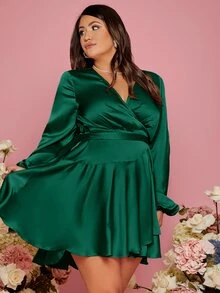 SHEIN Plus Solid Belted Wrap Satin Dress - Dark Green - View 4