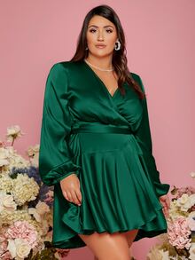 SHEIN Plus Solid Belted Wrap Satin Dress - Dark Green - View 5