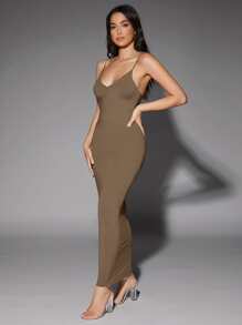 SHEIN BAE 素色露背緊身連衣裙 - 摩卡棕 - 查看 3