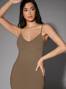 SHEIN BAE 素色露背緊身連衣裙 - 摩卡棕 - 查看 4