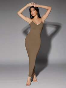 SHEIN BAE 素色露背緊身連衣裙 - 摩卡棕 - 查看 5