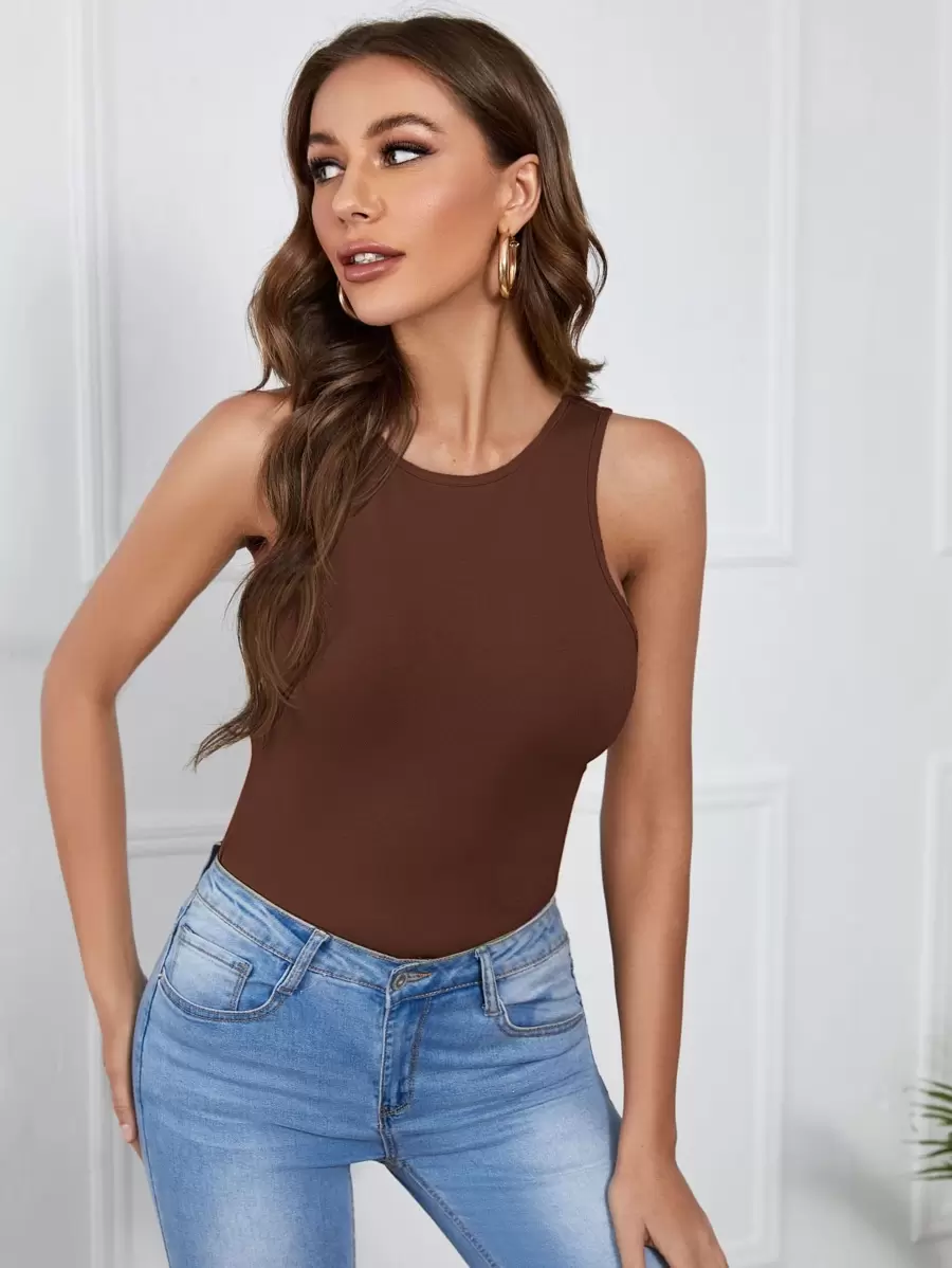 SHEIN Essnce Solid Tank Top - Chocolate Brown - View 1