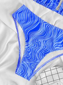 SHEIN Swim Summer Beach Fluid Pattern Halter High Waisted Bikini - Blue - View 3